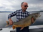 siven obrovsky - namaycush delky 104 cm uloveny z lode na gumovou rybku