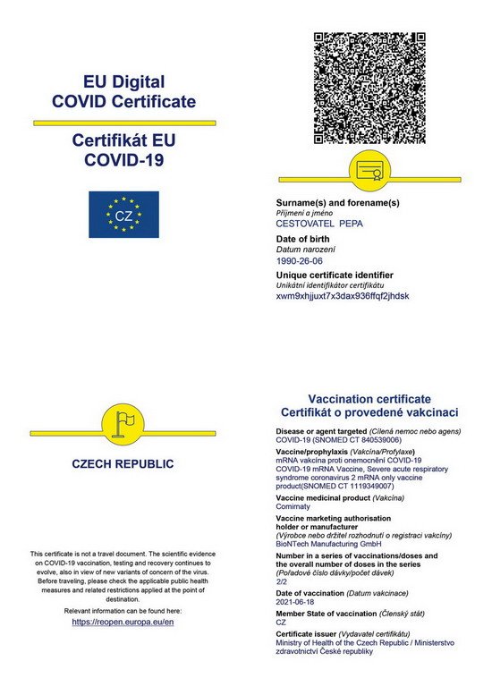 Evropsky digitalni covid-certifikat, priklad