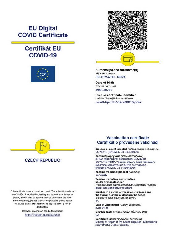Evropsky digitalni covid-certifikat, priklad Evropsky digitalni covid-certifikat, priklad