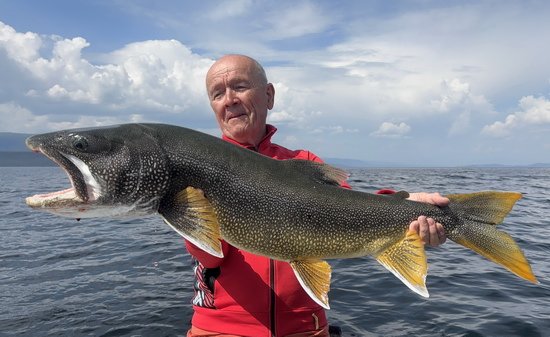 siven obrovsky - namaycush delky 99 cm uloveny z lode na gumovou rybku